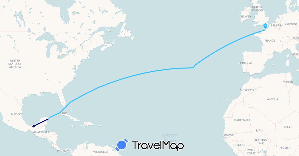 TravelMap itinerary: driving, boat in Cuba, France, Mexico, Portugal (Europe, North America)